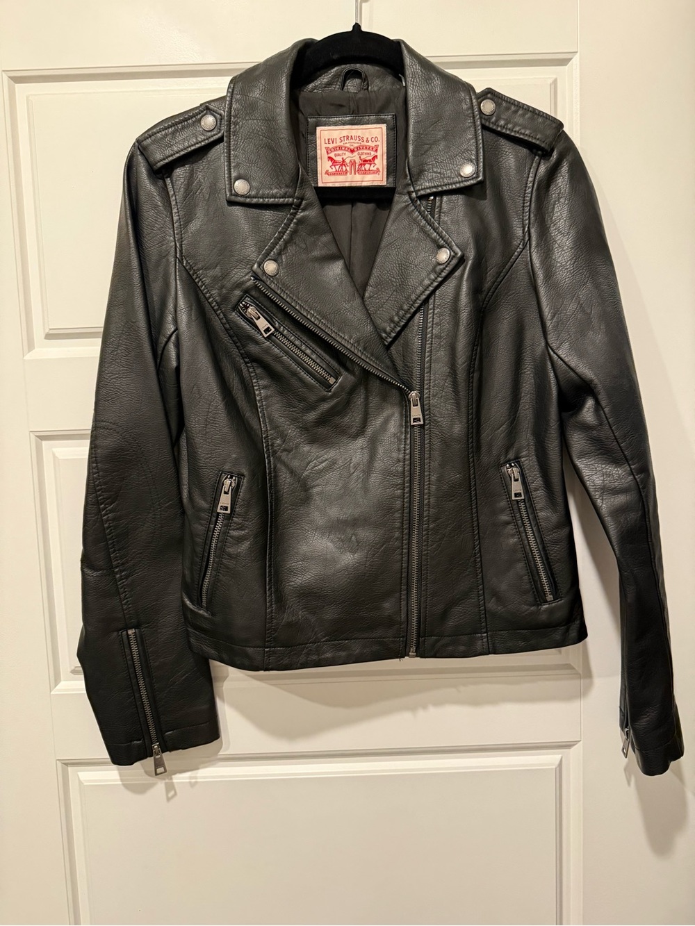 Levi's Black Leather Moto Jacket with Zip Details